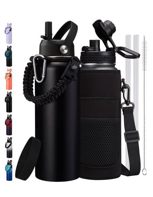 1/2 Gallon Water Bottle Insulated - Keep Cold 48H, with Carrier Pouch, Straw & Auto Spout Lid, Paracord Handle & Protective Boot, 64oz Water Jug Half Gallon Stainless Steel Flask Set