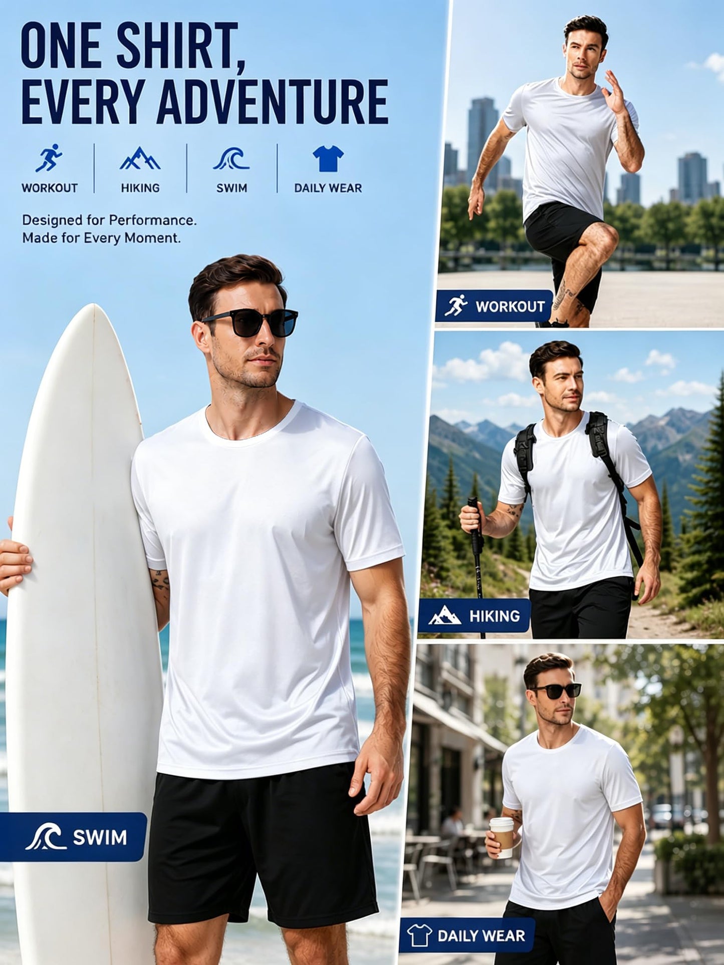 WENTTUO Workout Mens Shirts Swim Shirt Causal Running Shirts Men Short Sleeve Fast Dry Gym Shirt Cooling Mens Pack Short Sleeve T-Shirts