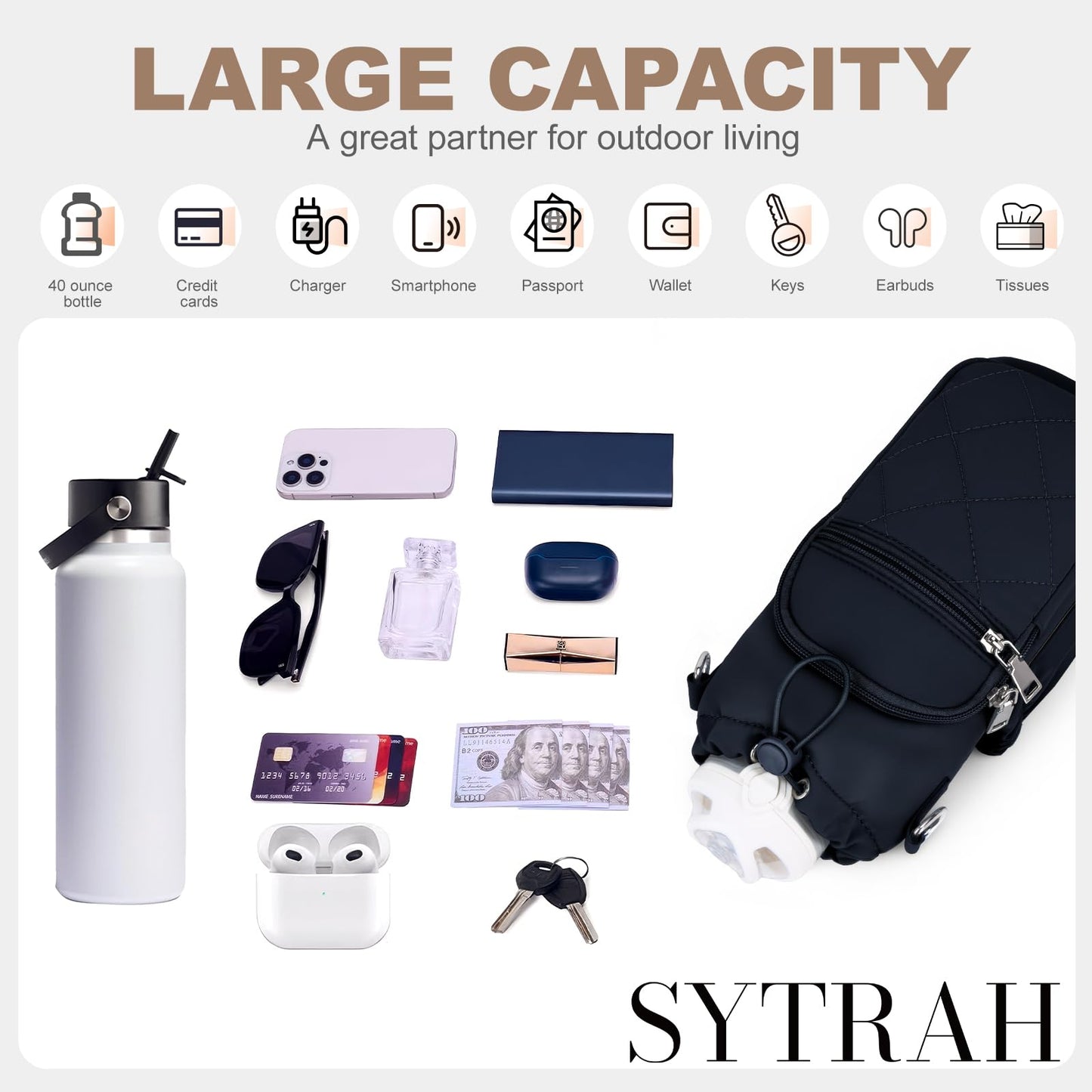 SYTRAH Water Bottle Carrier Bag with Strap, Water Bottle Purse with Phone Pocket 40oz, Insulated Crossbody Bags for Walking Hiking Dark Blue