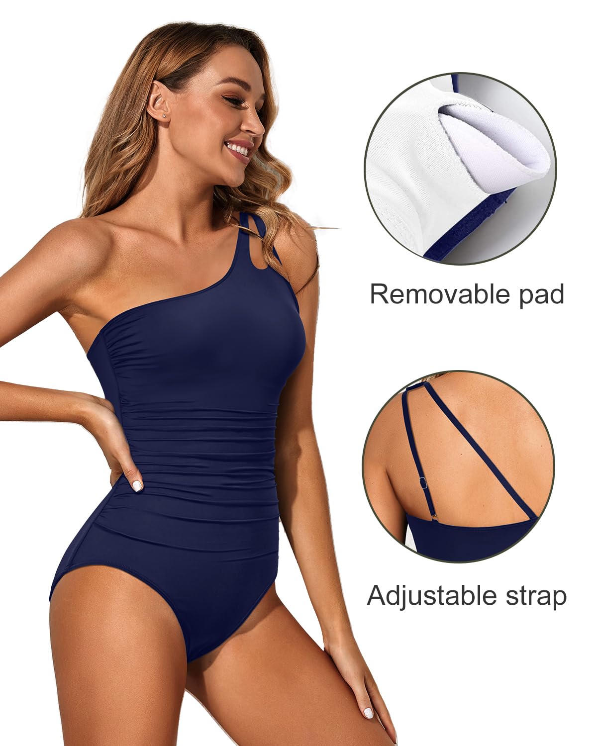 Holipick One Shoulder One Piece Swimsuit for Women Tummy Control Bathing Suits Modest Full Coverage Keyhole Swimwear Navy Blue
