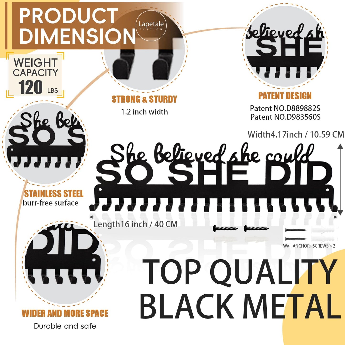 Lapetale Fashion Metal Medal Hanger Display for 63 Medals – She Believed She Could So She Did (16" Wide with 20 Hooks) - Black- Awesome Gifts-Patent NO.983560S