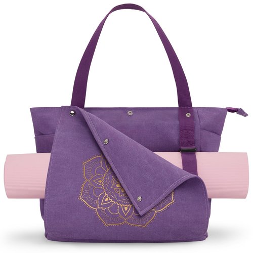 Gonex Yoga Mat Bag, Yoga Gym Bag Tote Bag with Multi Pockets For Women Men, Canvas Yoga Mat Carrier Take in Out Mat Easily For Pilates Travel Workout Office, Purple