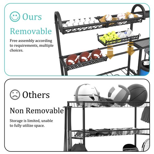 GUOHNHE Sports Equipment Organizer, Matel Ball Storage Garage, Large Golf Bag Rack with 4 Basket, Suitable for Gyms, Stadium and Playgrounds, Black, BST002B