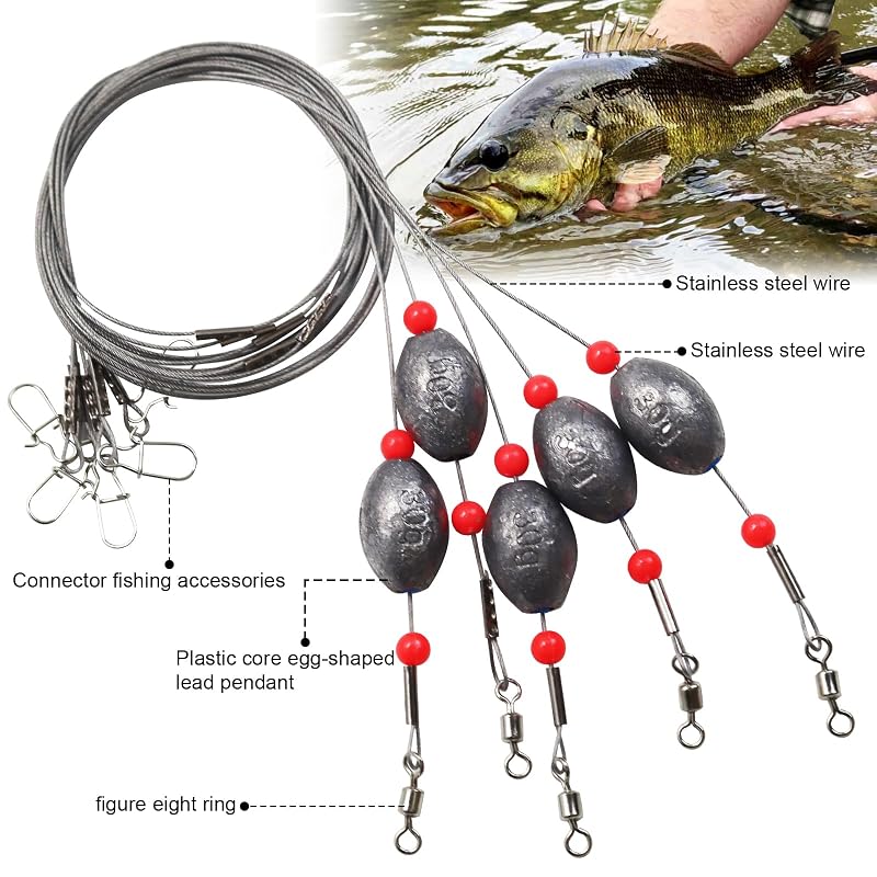 5Pcs Fishing Rig with Egg Sinker Weight - 30g (1oz) Flounder Bottom Rigs, Stainless Wire, Beads, Swivels