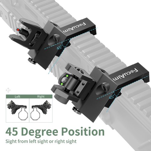 FocuAim T3 Fiber Optic Offset Iron Sight, Low Profile 45 Degree Front and Rear Backup Sights with Green Red Dot for Picatinny Mount, Spring-Loaded and Tool-Free Adjustment, Black