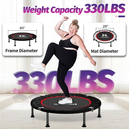 K KENSONE 40" Mini Spring Trampoline with Purple Resistance Band, Rebounder Trampoline for Adults, Small Fitness Rebounder for Indoor Exercise, Max Load 330 LBS