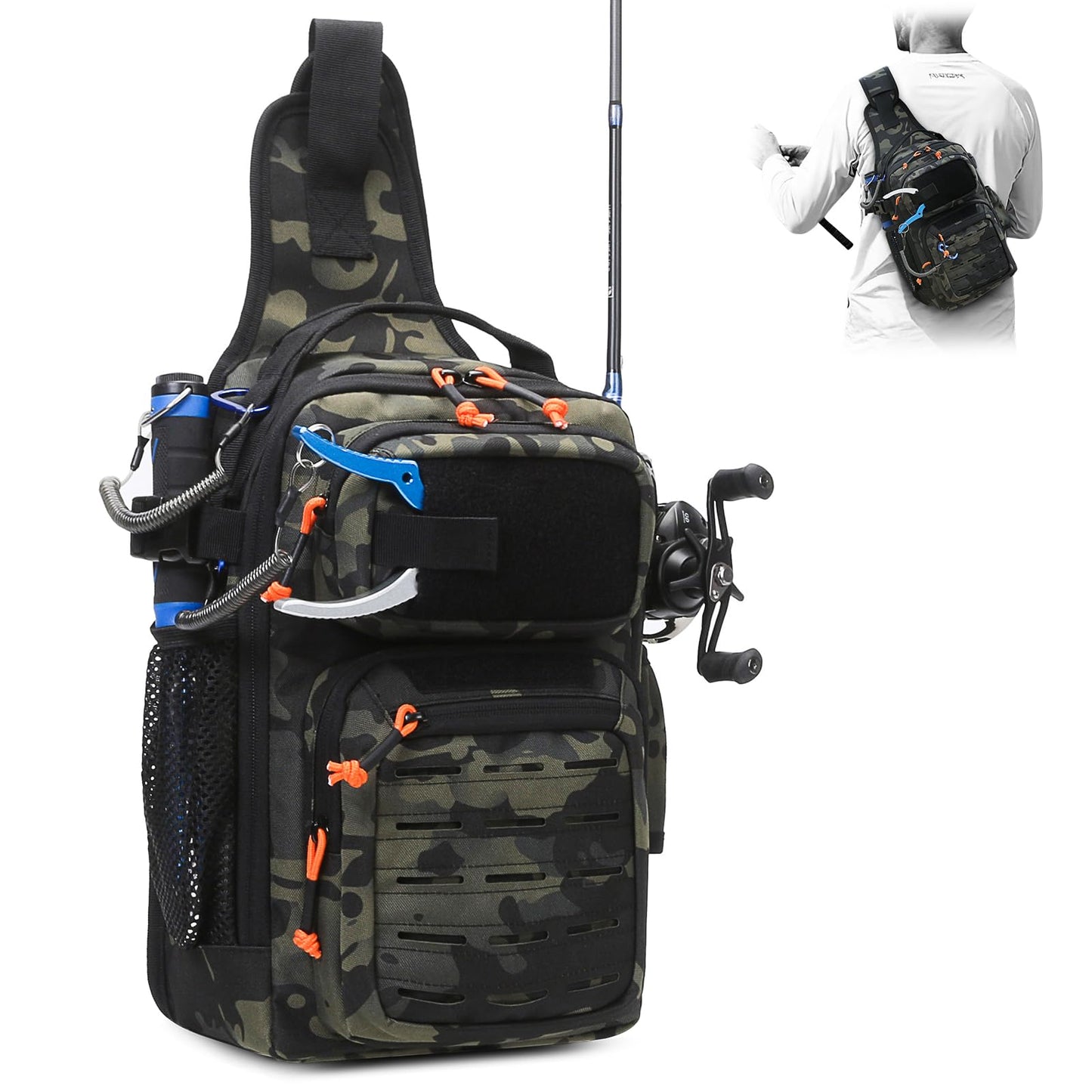 HUNTVP Fishing Sling Bag Lightweight Tackle Bag Small Fishing Backpack Tactical Shoulder Sling Bags with Rod Holder, Storage Gear and Equipment, Gifts for Men (Camo)