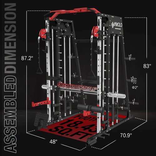 Mikolo Smith Machine, 2200lbs Squat Rack with LAT-Pull Down System & Cable Crossover Machine, Training Equipment with Leg Hold-Down Attachment