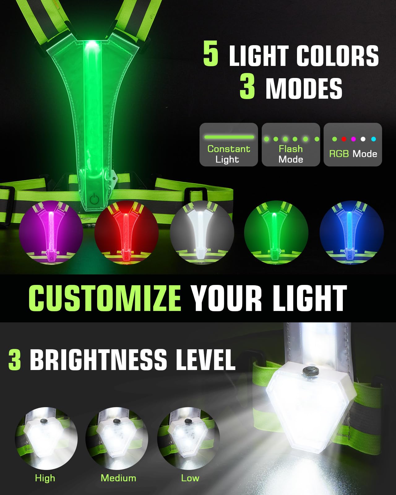 Zacro LED Reflective Vest with Chest Light 500LM, 5 RGB Colors High Visibility Rechargeable Light Up Running Vest IPX4 Night Safety Running Gear for Dog Walking, Cycling, Adjustable for Men Women Kids