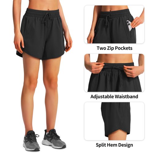 Ksmien Women's 5" Athletic Running Shorts Quick Dry Lightweight Workout Gym Shorts with Zipper Pockets UPF 50+ Black