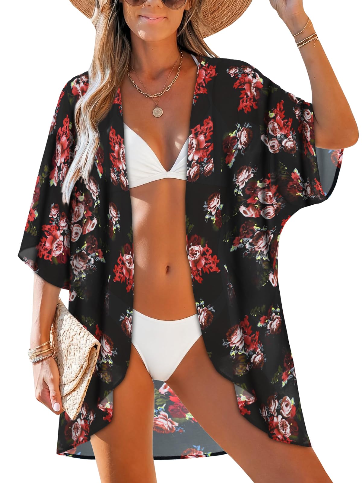 Women's Floral Print Puff Sleeve Kimono Cardigan Loose Cover Up Casual Blouse Tops(BLACK XL)