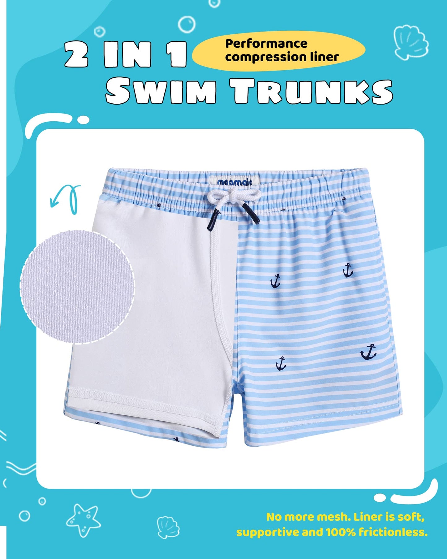 maamgic Boys Swim Trunks with Compression Liner Toddler Stretch Swim Shorts Quick Dry Swimming Trunks Boxer Brief 2 in 1 Beach Shorts White Blue Striped 4T