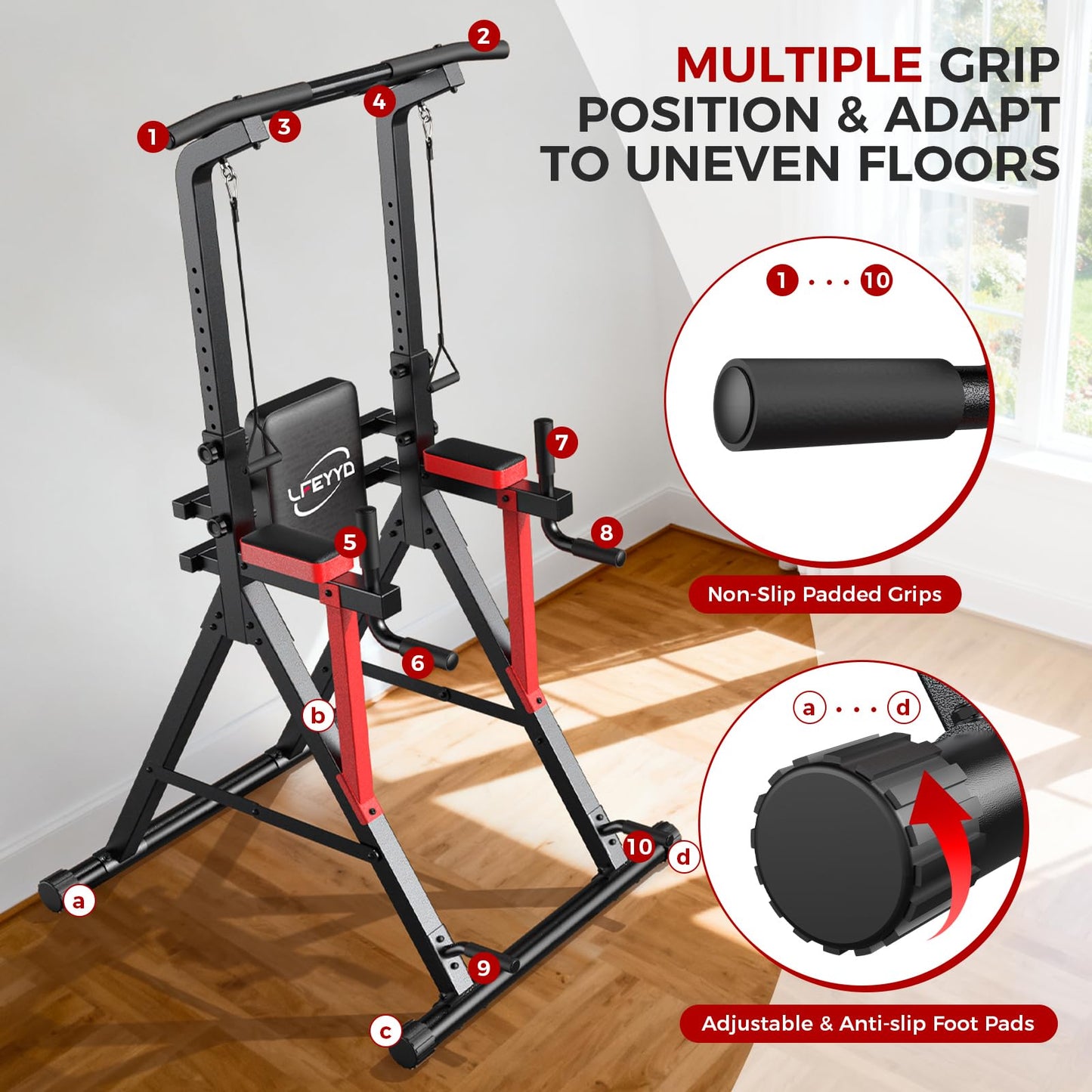 Power Tower Pull Up Bar Free Standing,13-Level Adjustable Height Dip Station with X-Frame Stability, Multi-Grip Handles, Backrest, Anti-Slip Foot Pads - Home Gym Strength Training Equipment 400LBS