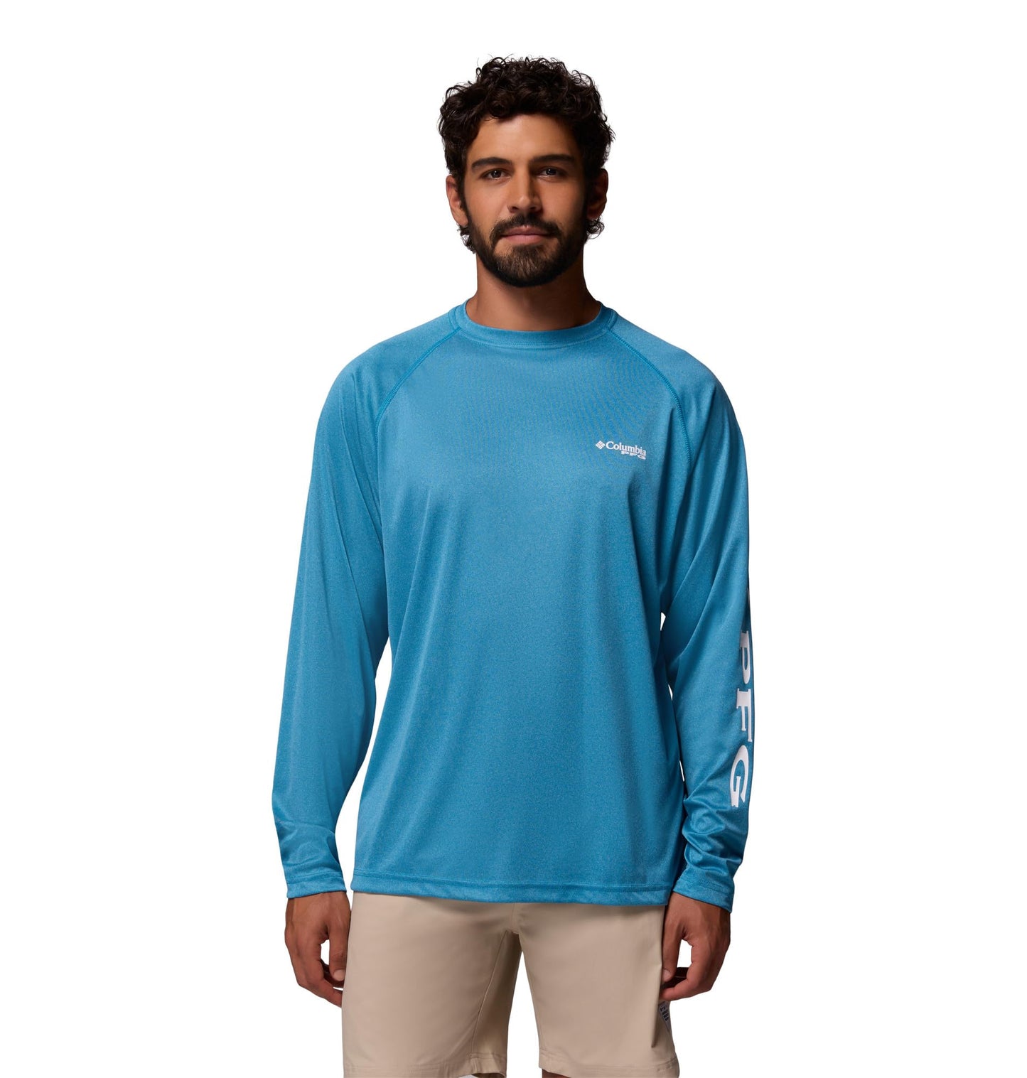 Columbia Men's PFG Terminal Tackle Long Sleeve Fishing Shirt, Blue Echo Heather/White Logo, 1X