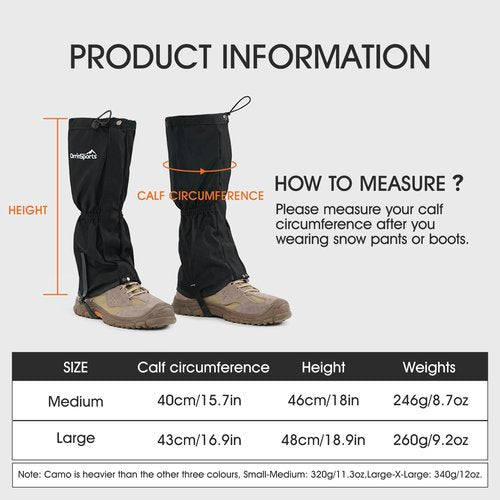 Leg Gaiters for Men and Women Waterproof Adjustable Gators for Hiking Boots in Climbing Hunting Trekking & Fishing Snow Gaiters (Black L)