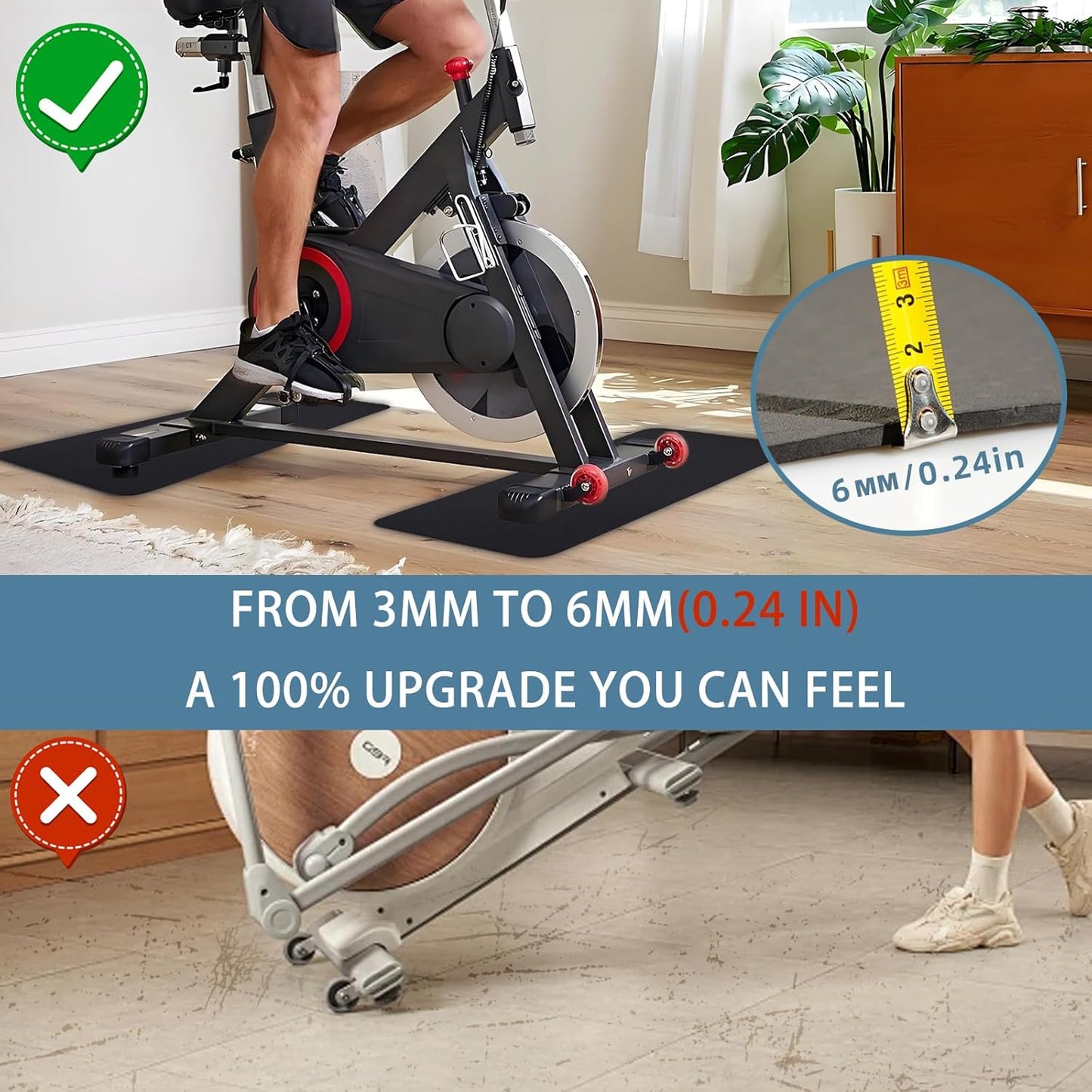 2PCS 0.24" Thick Mat Pads for Peloton Bike & Concept 2 Rower – Non-Slip Compact Floor Protectors for Small Spaces, Home Gym Use on Hardwood, Carpet & Tile, 25"x11.8"