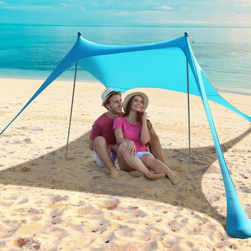 Beach Tent - Beach Shade UPF 50+ UV Protection, 9.8 x 6.5 FT, Anti-Wind Beach Canopy with 2 Poles, 2 Windproof Ropes, 1 Portable Bag, Beach Tent Sun Shelter Perfect for Picnics, Outdoors - Turquoise