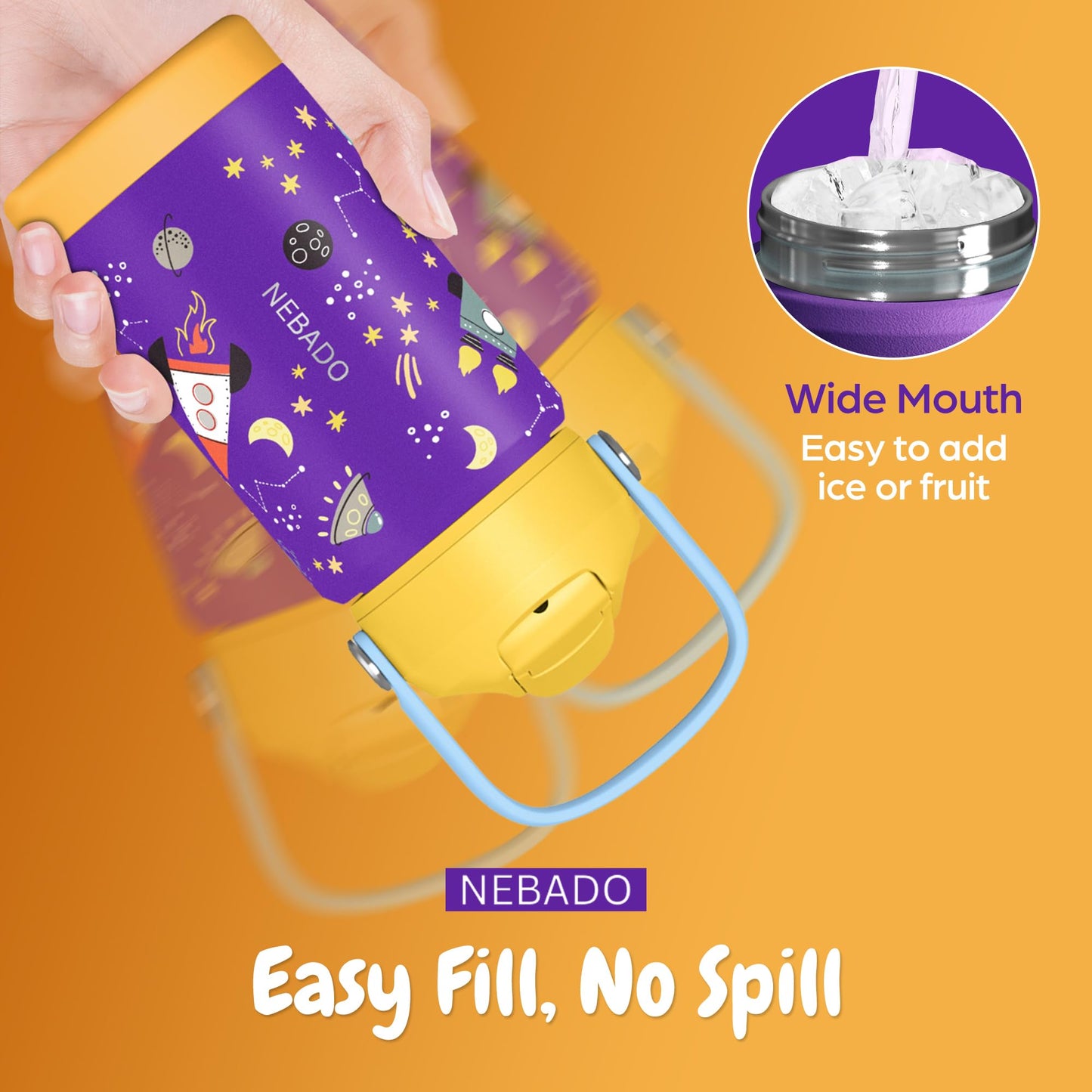NEBADO Kids Stainless Steel Insulated Water Bottle with Straw 12oz - Leak Proof Toddler Thermos Cup for School, BPA Free with Handle & Non-Slip Silicone Base, Dishwasher Safe, Cosmic Purple