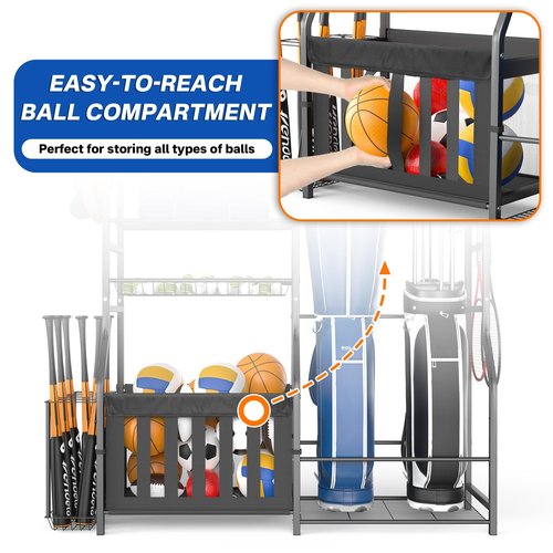 organizelink Garage Sports Equipment Organizer, Strong Load Bearing Golf Bag Organizer, Multi Use Golf Ball Rack Basketball Rack For Sports Gear and Outdoor Toy Ball Storage