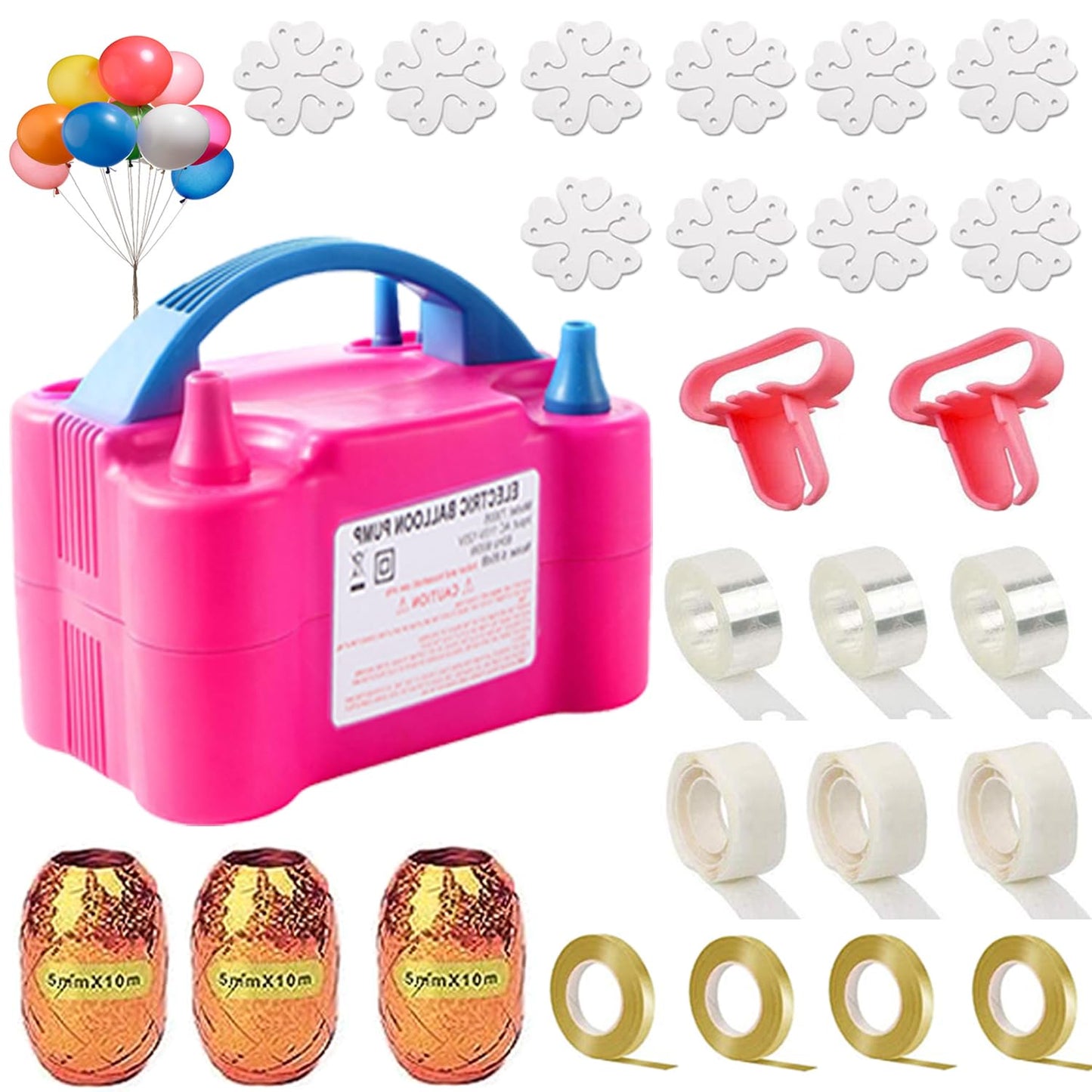 Balloon Pump Electric, 110V-120V Portable Dual Nozzle Balloon Blower with Tying Tools, Clips, Strips, Glues, Ribbons for Birthday Party Wedding Decorations