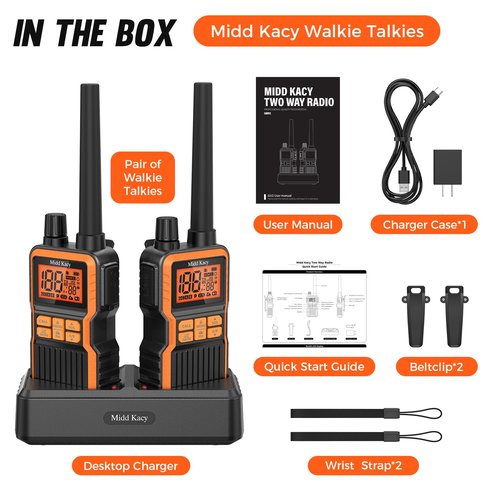 Midd Kacy MK108 Walkie Talkies,2 Way Radio Long Range,60 Channel GMRS Radio with 121 Privacy Codes,IP55 Waterproof,SOS,NOAA Weather Alerts,VOX,Dual Watch(Black/Orange,2 Pack)