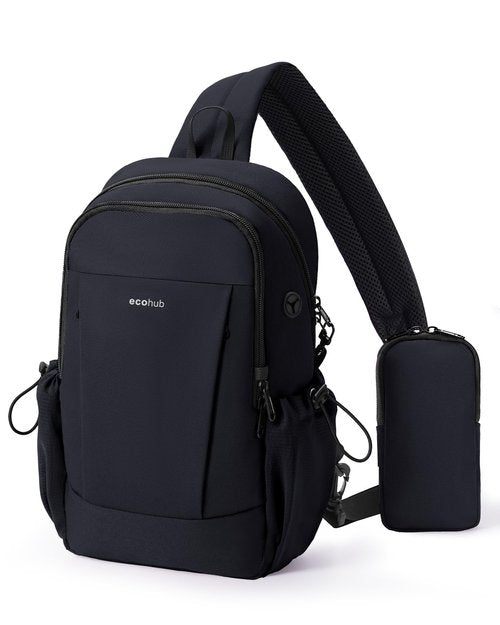 ECOHUB Crossbody Bags for Women Men, Anti-Theft RFID Blocking Roomy Sling Backpack with Sturdy SBS Zippers Water Resistant Chest Shoulder Bag Daypack with 9 Pockets Travel Work Hiking, Black