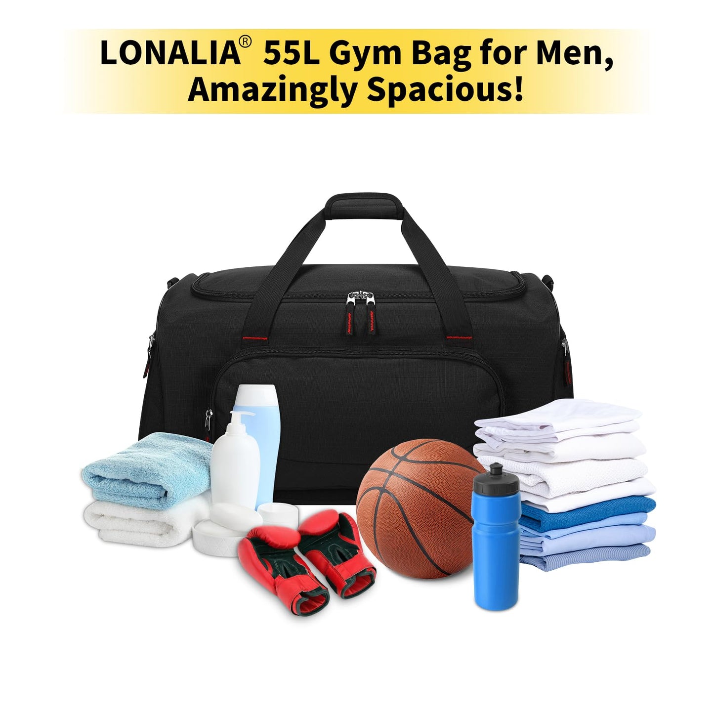 LONALIA 55L Sports Gym Duffle Bag for Men, Black