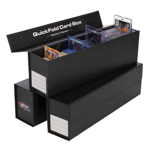 BCW QuickFold Card Storage Boxes – 3 Pack | Fits Toploaders & Sleeved Cards | Magnetic Closure | Foldable Cardboard Organizer