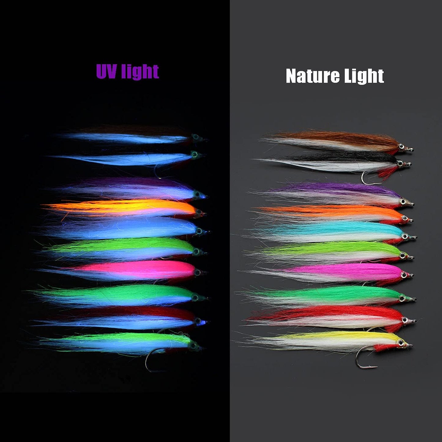 20 pcs 1/0 UV Colors High Carbon Hook Polar Fry Salmon Trout Sea Bass Steelhead Minnow Fly Fishing Flies Lure Set