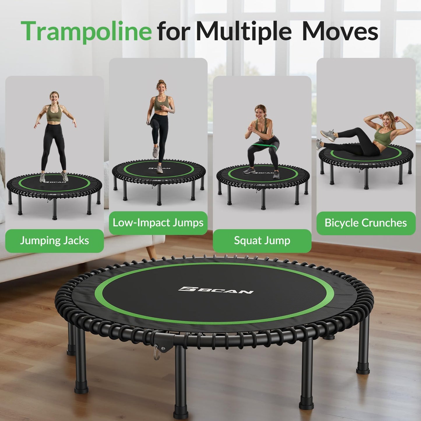 BCAN 48" Adult Fitness Trampoline with Durable Bungees, Stable & Quiet Exercise Rebounder,Great Mini Trampoline for Indoor/Garden Workout - Green