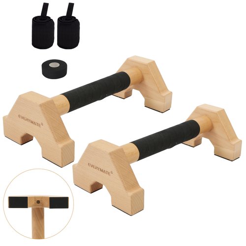 EVERYMATE Calisthenics Wood Parallettes Bars, Wood Push Up Bars Calisthenics Equipment for Home, Push Up Handles for Floor, Handstand Push Up Handles, Wrist Wraps Included