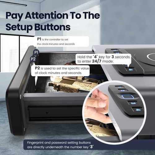Biometric Gun Safe for Handgun, Smart Clock Safes with 2-in-1 Watch & Phone Wireless Charging, Bedside Pistol Safe with Backlit Keypad, Nightstand Handgun Safes with LED Light
