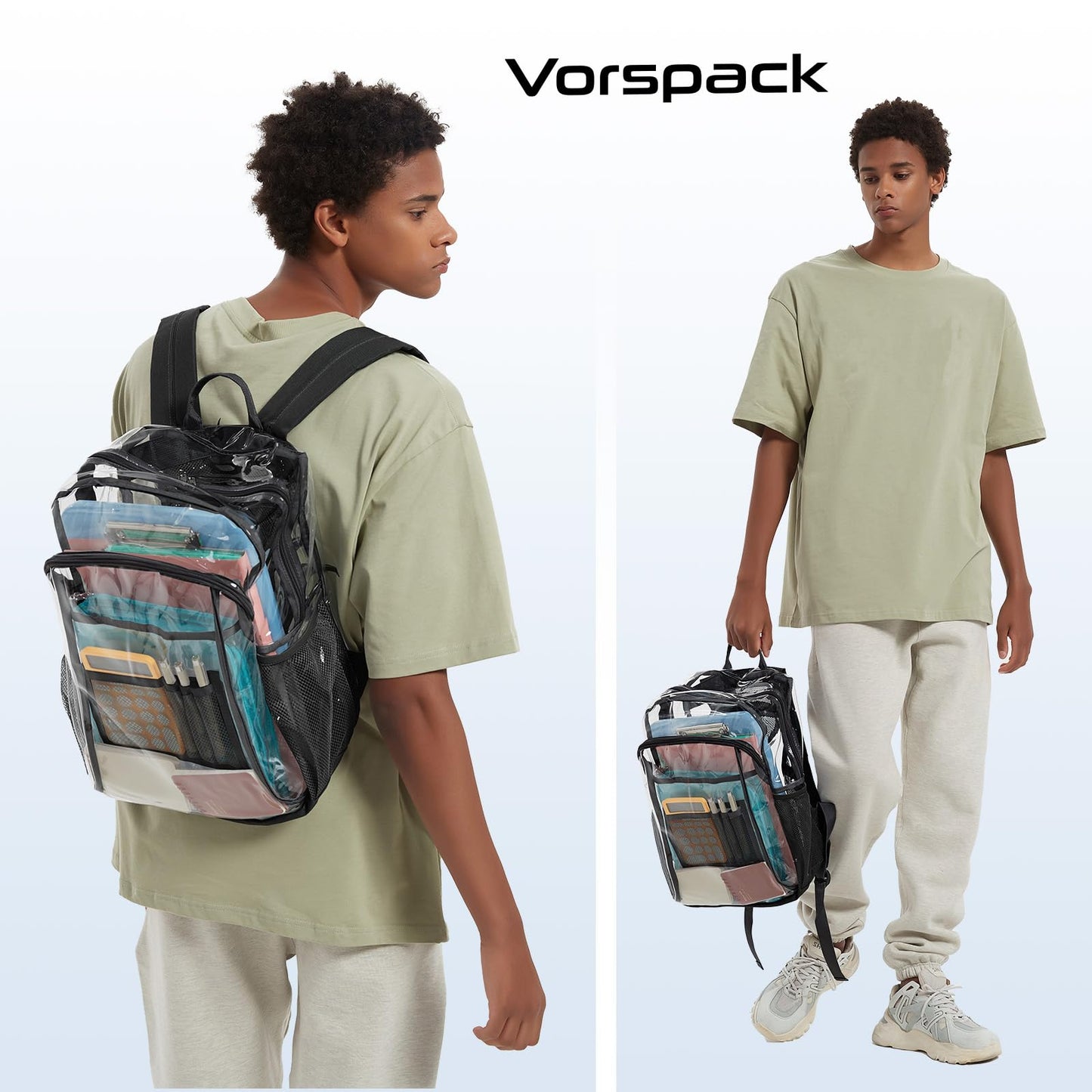 Vorspack Heavy Duty Clear Backpack, Large Transparent Clear Bookbag, Black