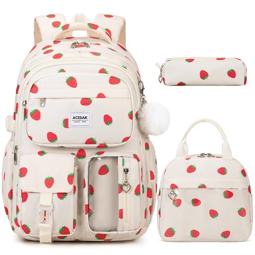 ACESAK Backpack for Girls - Girls Backpack with Lunch Bag & Pencil Pouch for Teen Kids Laptop Backpack for Women, Elementary Middle High School Bookbag Travel Daypack (Beige Strawberry)