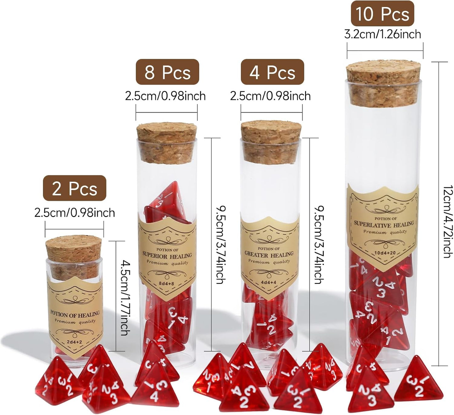 24Pce Red Polyhedral D4 Dice Set, Roleplaying Healing Potion Bottles with Cork Lids for RPG Board Table Gaming, Compatible with Dungeons and Dragons D&D MTG Accessories