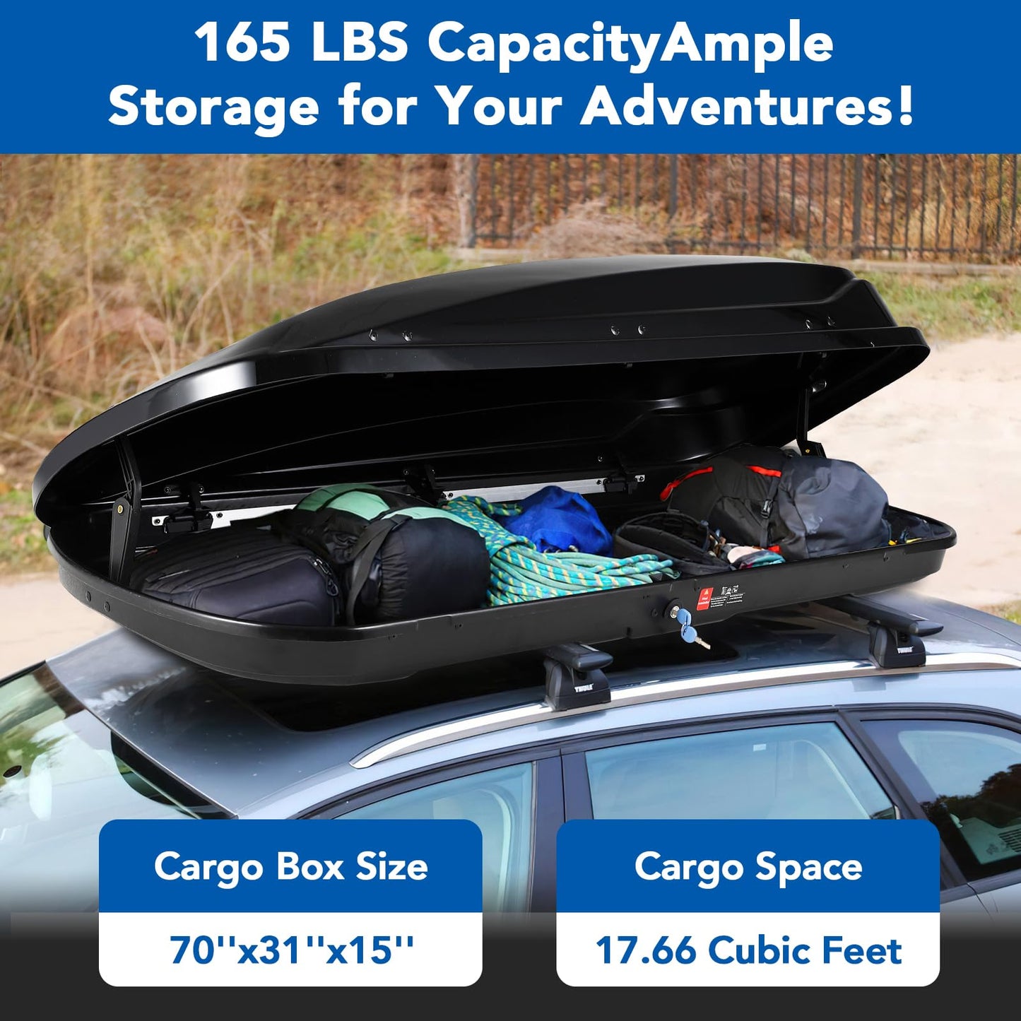 GarveeTech 70 Inch Rooftop Cargo Box Carrier, 17.7 Cubic Ft. Hard Shell Roof Rack Cargo Carrier with Security Keys, 165 Lbs Capacity Waterproof Rooftop Storage Box, Dual Side Opening