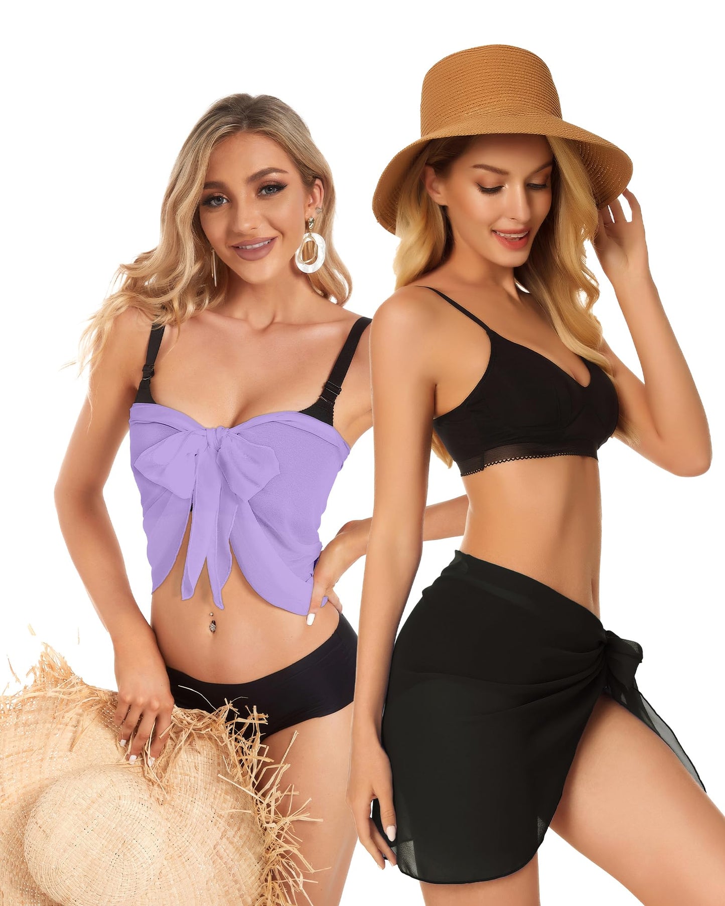 2 Pieces Sarong Cover Ups for Women Beach Bathing Suit Wrap Sheer Short Skirt Bikini Chiffon Scarf for Swimwear (Black and Light Purple)