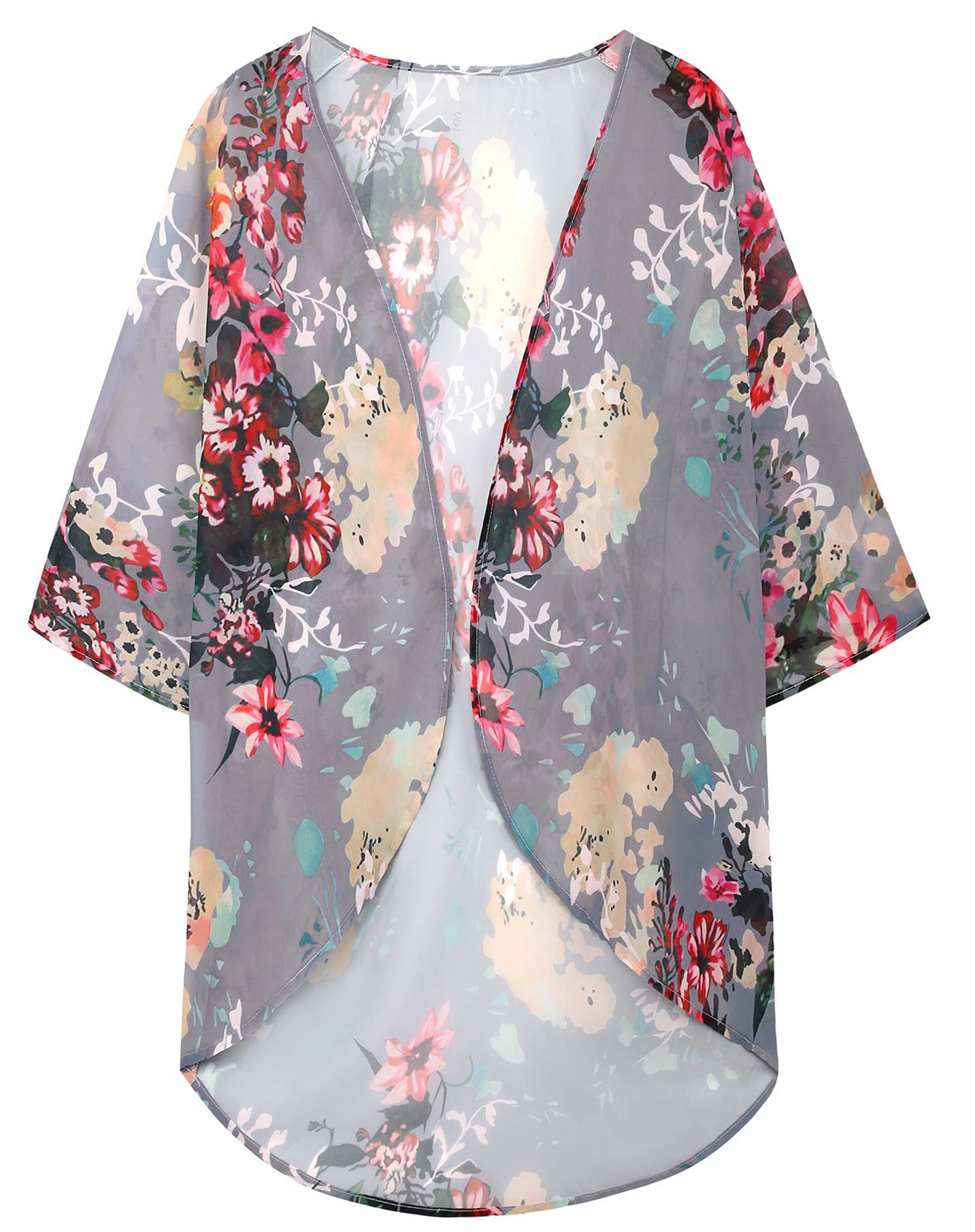 Women's Floral Print Puff Sleeve Kimono Cardigan Loose Cover Up Casual Blouse Tops (Darkgrey,3XL)