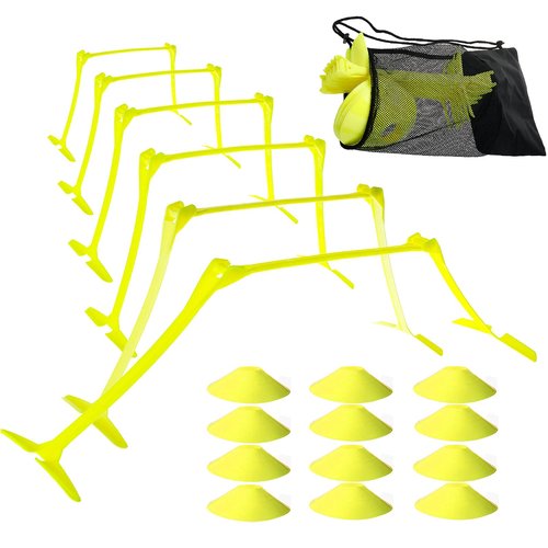 Yaegoo Pro 6 Pcs Adjustable Hurdles and 12 Pcs Speed Cones Set - Adjustable Height 6" 9" 12" for Soccer, Plyometric Speed Training, Carry Bag Included