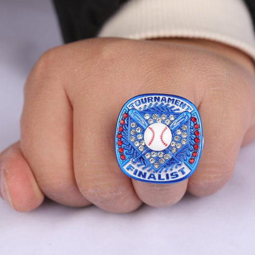 TOPSPORTSJEWELRY 2 pcs, 12 pcs Pack Baseball Tournament Blue Championship Ring Trophy on Side Size 9 (12, Finalist Ring)