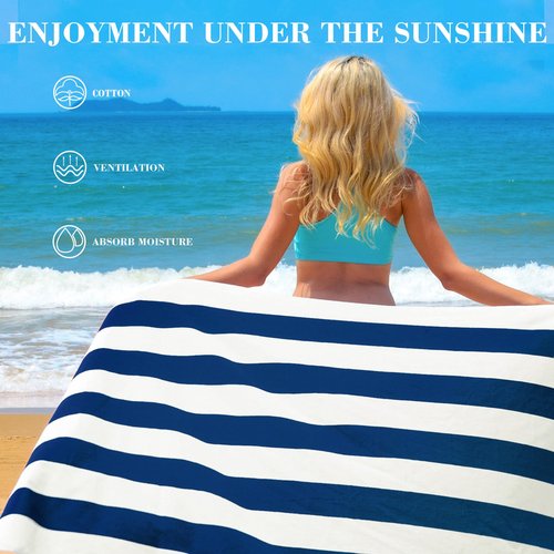 Exclusivo Mezcla Cotton Oversized 35x70 Inches Cabana Stripe Beach Towel, Super Absorbent Soft Plush Pool Bath Towel (Dark Navy)