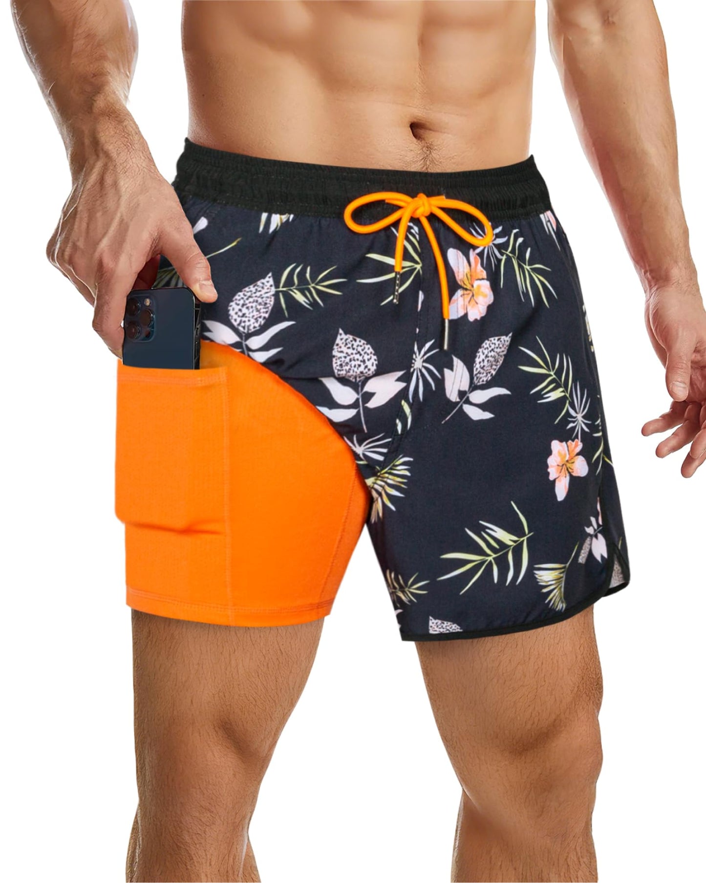 SURF CUZ Mens Swim Trunks with Compression Liner 5" Swimming Trunks 5 Inch Retro Swim Shorts with Zipper Pockets,Daybreak,M