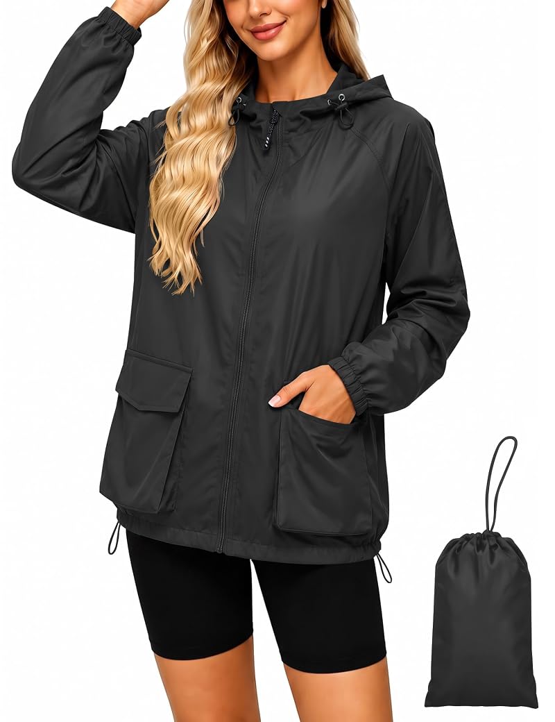 Avoogue Lightweight Packable Hooded Rain Jacket for Women - Black, Small