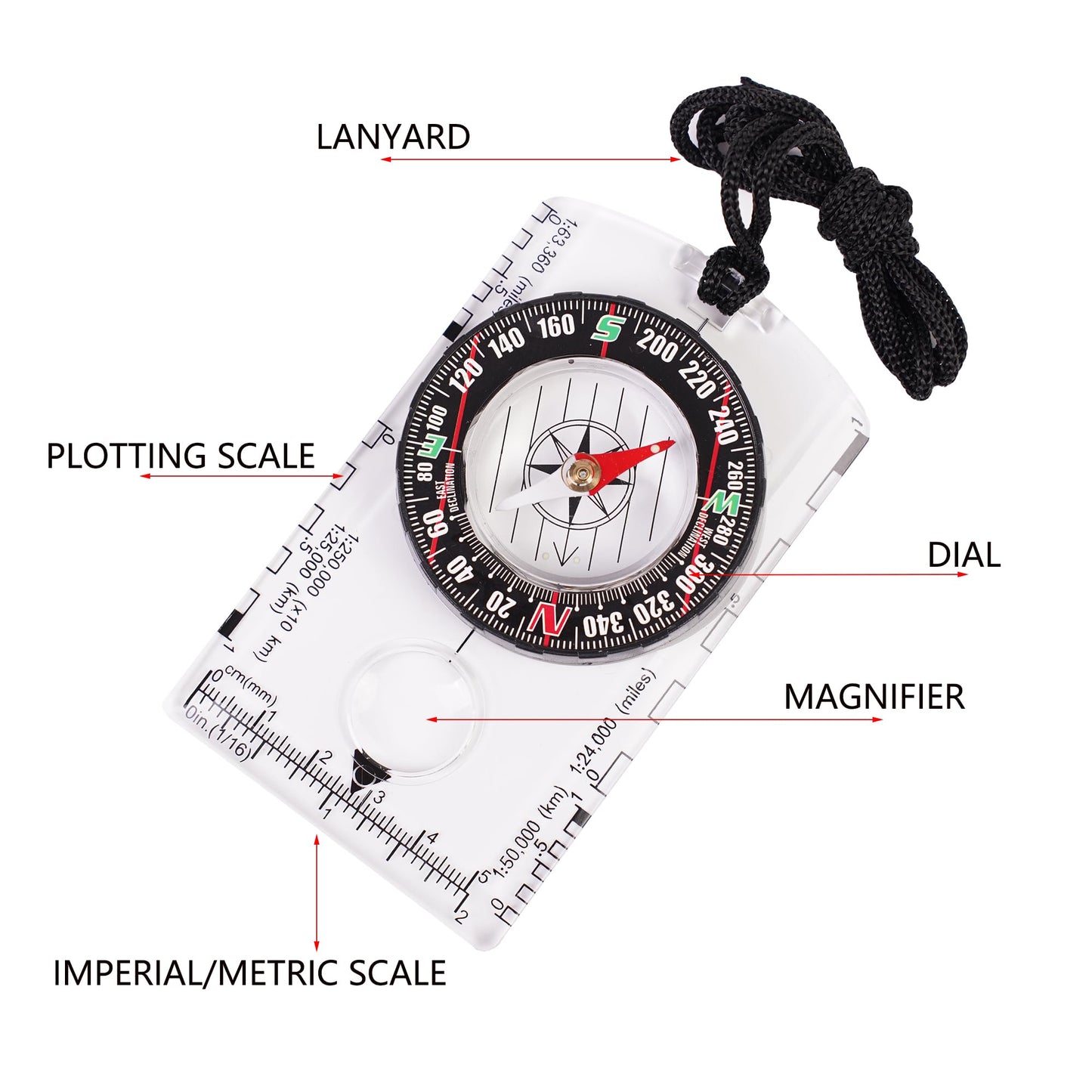4 Pcs Outdoor Compass with Adjustable Declination,Magnifier,Ruler,Scale. Multifunctional Orienteering Waterproof Compass for Map Reading, Navigation, Hiking (4 Pack Transparent)