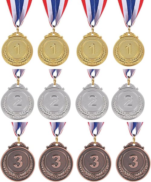 TGXLAK 12 Pieces Gold Silver Bronze Metal Award Medals - 1st 2nd 3rd Place Winner Prizes for Sports, Competitions, Party Favors & Decorations, Olympic Style, 2 Inches ﻿