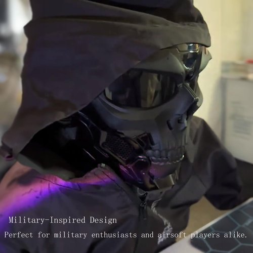 crossbody Airsoft Skull Full Face Tactical Masks with PC Lens Eye Protection for CS Survival Games Shooting Cosplay Movie Paintball Halloween Scary Masks,Motorcycle Goggles Mask, Black, 19cmx18cm