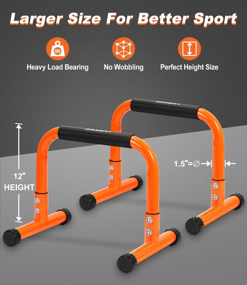 TABEKE Push Up Bar, 12" High Parallettes Bars & Dip Bar With Full-Cover Foam Handles, No Wobbling Calisthenics Equipment For Handstand, L-Sit, Gymnastics, Strength Training Home Gym