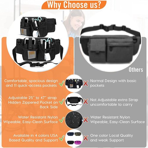 Nurse Fanny Pack with Medical Supply Pockets, Adjustable Strap Extends from 25" to 47",Utility Storage, Nurse Essentials for Work,Nurse Gifts;Black