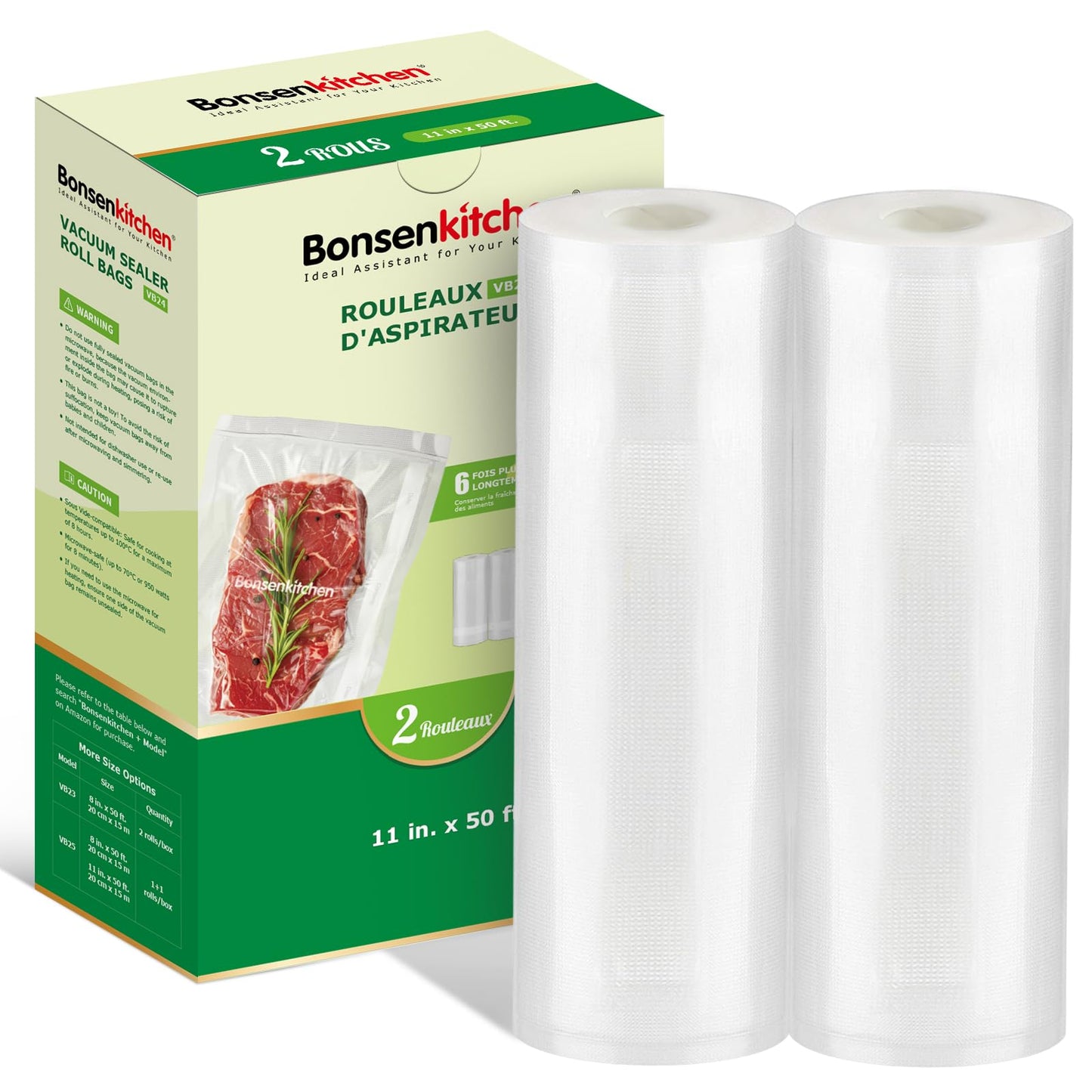 Bonsenkitchen Vacuum Sealer Bags Rolls, 2 Rolls 11 in x 50 ft