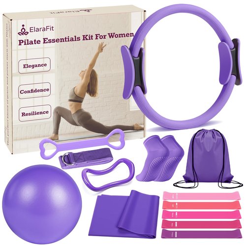 ElaraFit Home Pilates Kit for Women Purple Pilates Equipment Ring and Ball Set Magic Circle Hoop with 5 Resistance Bands Compact Toning Fitness Essentials Starter Set Accessories